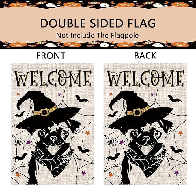 Halloween Garden Flag Pug Cobweb Bats Double Sided Vertical Welcome Flag Holiday Outdoor Yard Lawn Decorations 12.5 x 18 Inch