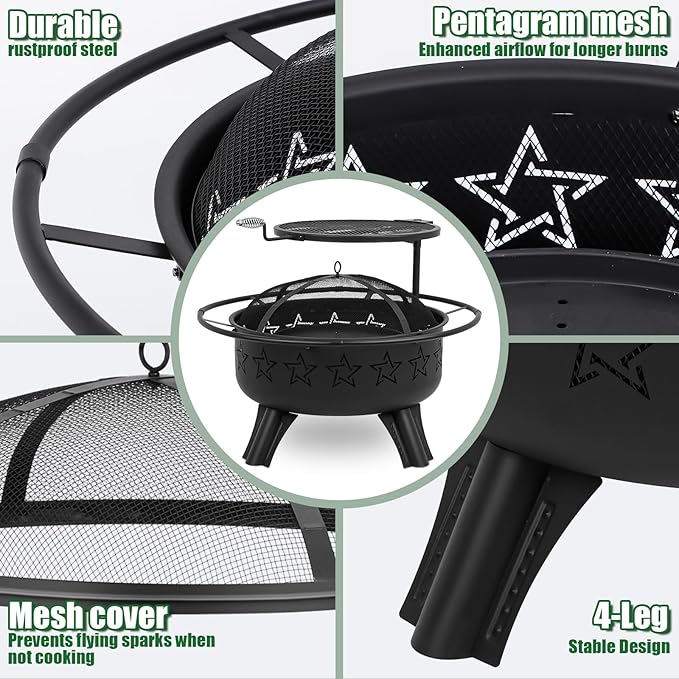 31" 2-in-1 Wood Burning Fire Pit with Swivel BBQ Grills & Spark Screen for Outside - Heavy Duty Outdoor Firepit with Charcoal Pan, Log Rack & Poker - for Backyard, Patio, Garden Bonfire