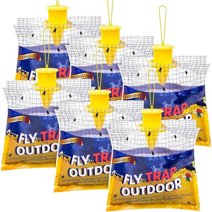Disposable Fly Traps 6 Pack Big Bags Outdoor, Flies Catcher Traps with Natural Pre-Bait Refill Repellent, Stable Horse Ranch Trapper Outdoor Hanging Fly Killer Helps Control Flies