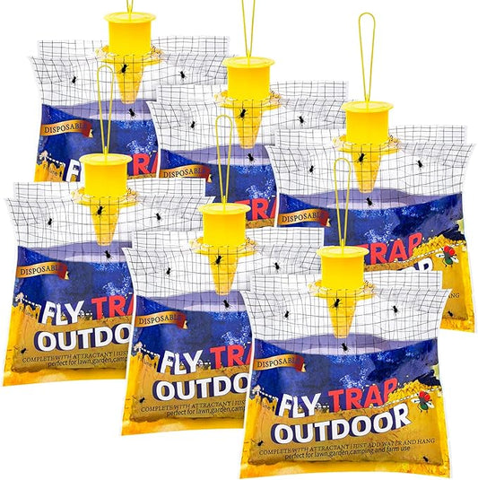 Disposable Fly Traps 6 Pack Big Bags Outdoor, Flies Catcher Traps with Natural Pre-Bait Refill Repellent, Stable Horse Ranch Trapper Outdoor Hanging Fly Killer Helps Control Flies