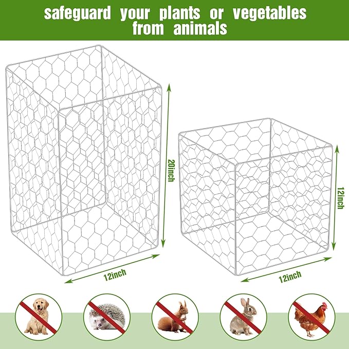 16 Set Wire Plant Protectors Square Wire Plant Cages Chicken Wire Cloche Mesh Plant Cage with 64 Ground Stakes and 200 Nylon Ties Protect Plants, Garden, Vegetables from Animals(12 x 12)