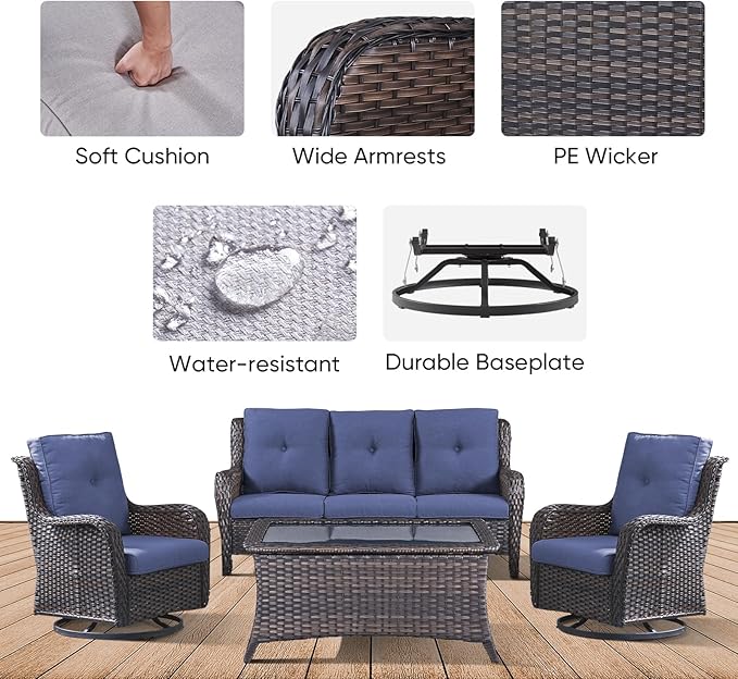 4 Piece All-Weather PE Wicker Outdoor Furniture Set with Swivel Rocker Chairs, Outdoor Sofa & Coffee Table
