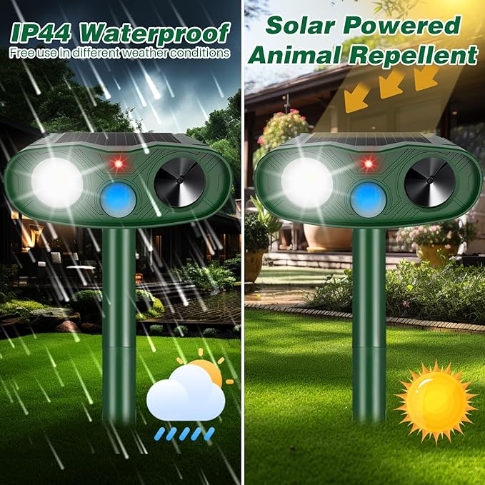 Ultrasonic Animal Repellent Outdoor Deer Repellent Devices,4Pack Solar Rabbit Cat Squirrel Repeller Motion Detection Armadillos Raccoon Squirrel Dog Repellent Deterrent with LED Flash Lights for Yard