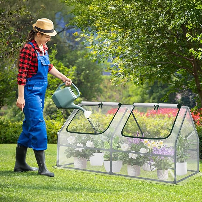 Aoodor 4 x 2 x 2 ft Mini Greenhouse with 2 Zipper Doors, Water Resistant, UV Protected for Flowers, Vegetables and Herbs, Transparent
