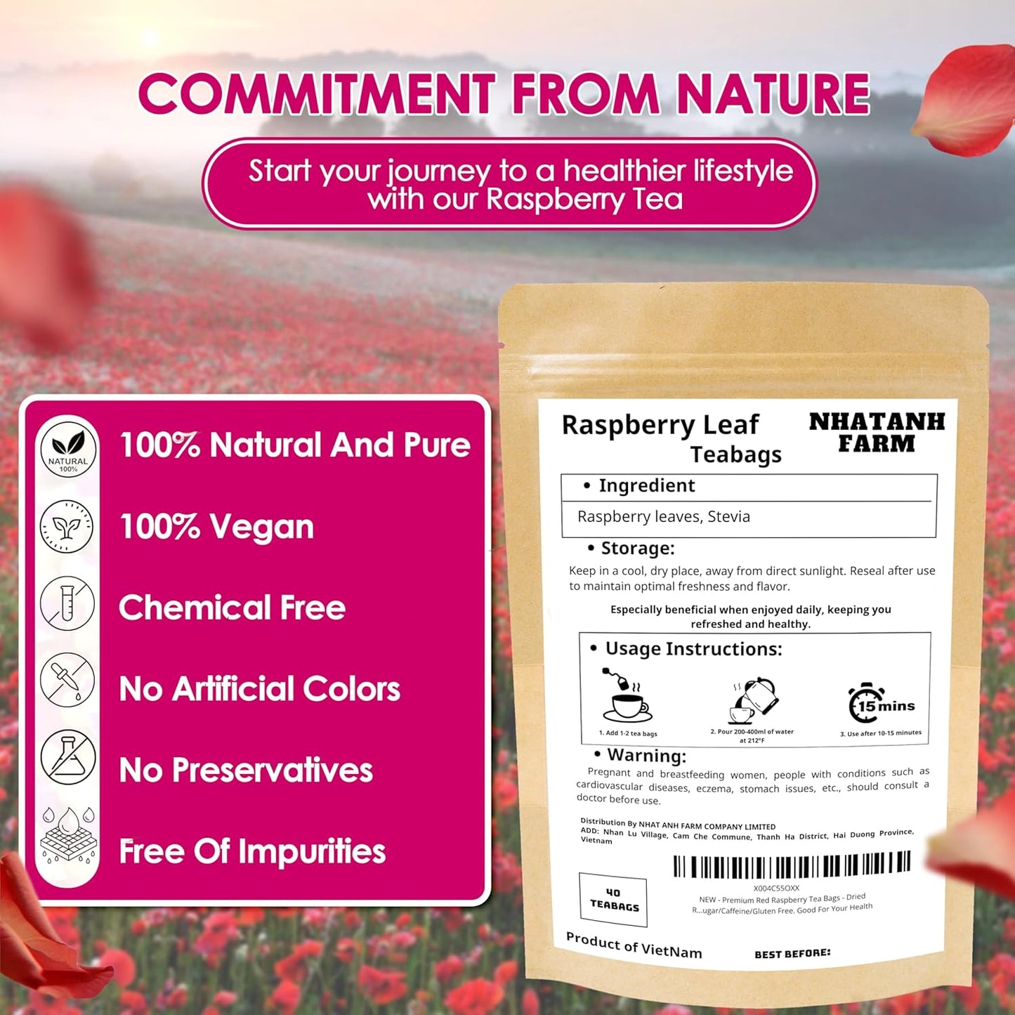 Nhat Anh Farm - Premium Red Raspberry Tea Bags - 40 Dried Red Raspberry Leaf Tea Bags, 100% Natural & Pure Raspberry Leaf, Sugar/Caffeine/Gluten Free. Good For Female Health.