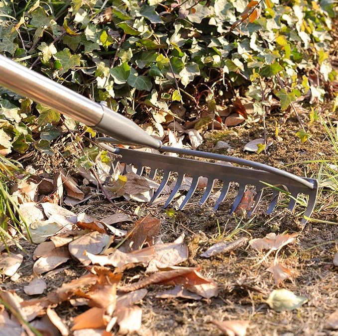 Garden Rake, 5 FT Metal Rake for Lawns Level Head Rakes with Stainless Steel Handle for Loosening Soil