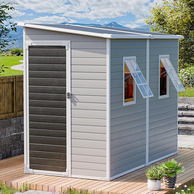 8x4 FT Resin Storage Sheds with Floor and Adjustable Openable Windows, Large Waterproof Garden Sheds with Base, Outside Plastic Sheds with 2 Windows for Backyard Garden Patio Lawn Tools Storage, Gray