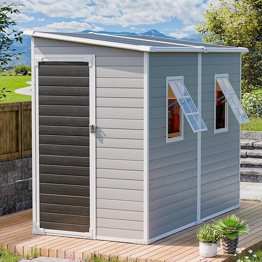 8x4 FT Resin Storage Sheds with Floor and Adjustable Openable Windows, Large Waterproof Garden Sheds with Base, Outside Plastic Sheds with 2 Windows for Backyard Garden Patio Lawn Tools Storage, Gray