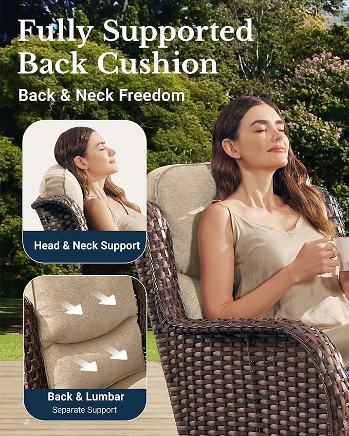 HILLGA Luxury Patio Furniture Set with 6-inch Thick Cushion, Outdoor High Back Swivel Rocker Patio Chairs, 6PCS Wicker Conversation Set for Deck Yard and Poolside, Beige (V2)