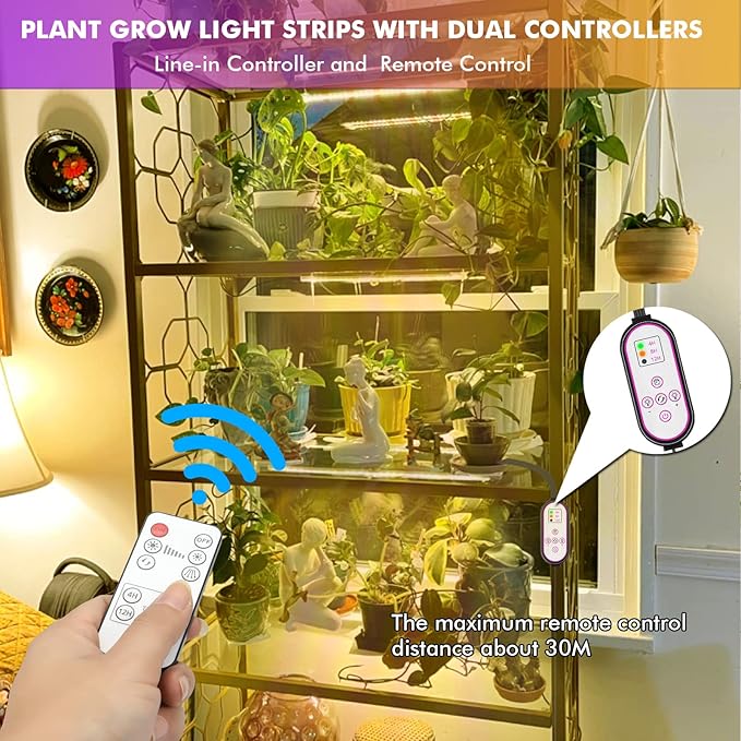4 Pack Plant Grow Light Strip,LED Growing Lamp for Indoor Plants, Full Spectrum Plant Lights with Auto ON/Off Timer, 10 Dimmable Brightness, 3 Switch Modes, Dual Controllers