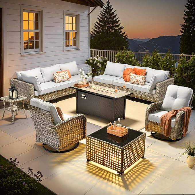 Outdoor Sectional Patio Furniture Set with Fire Pit Table and Swivel Rocking Chairs,11 Pieces Wicker Conversation Sets L Shaped Couch Out Door Sofa Outside Furniture for Garden Deck Yard,Grey