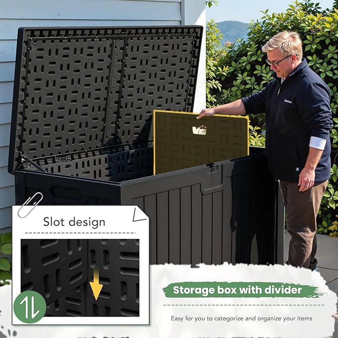 Greesum 230 Gallon HDPE Outdoor Storage Box with Removable Dividers, Weatherproof Oversized Deck Box for Patio, Garage, Garden, Black