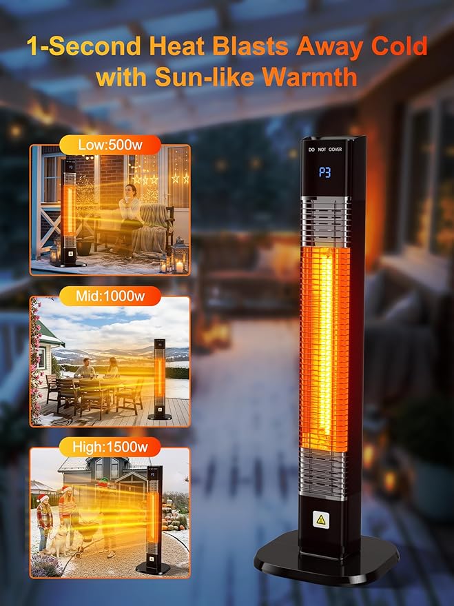 34'' Outdoor Patio Heater with Remote, 24H Timer & 1S Fast Heat, Carbon Fiber Heating Tube, 3 Heat Levels, Tip-Over and Overheat Protection, Electric Space Heaters for Backyard, Garage,Indoor Use