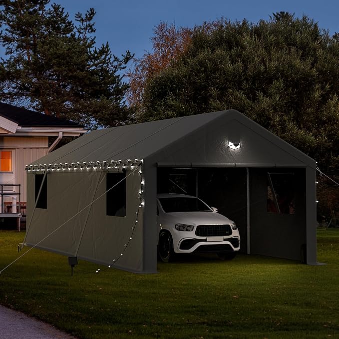 13x25 Carport Canopy, Heavy Duty Car Port, Portable Car Ports Garage with 2 Roll-Up Zipper Drive Through Doors, Grey