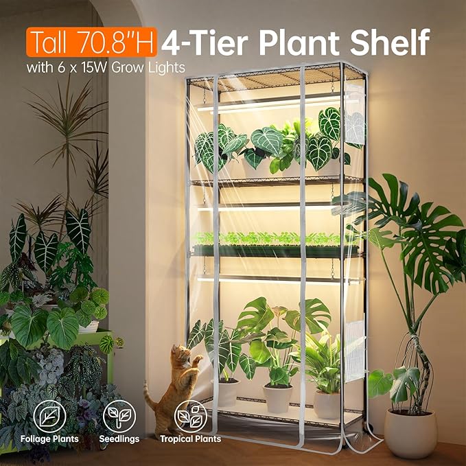 Indoor Greenhouse with Grow Light, Tall Green house with 6 Pack T5 Full Spectrum Plant Lights with Timer, Plant Shelf with Tent for Indoor Plant, Seed Starting, Seed Tray, 35.4"x13.8"x70.8"