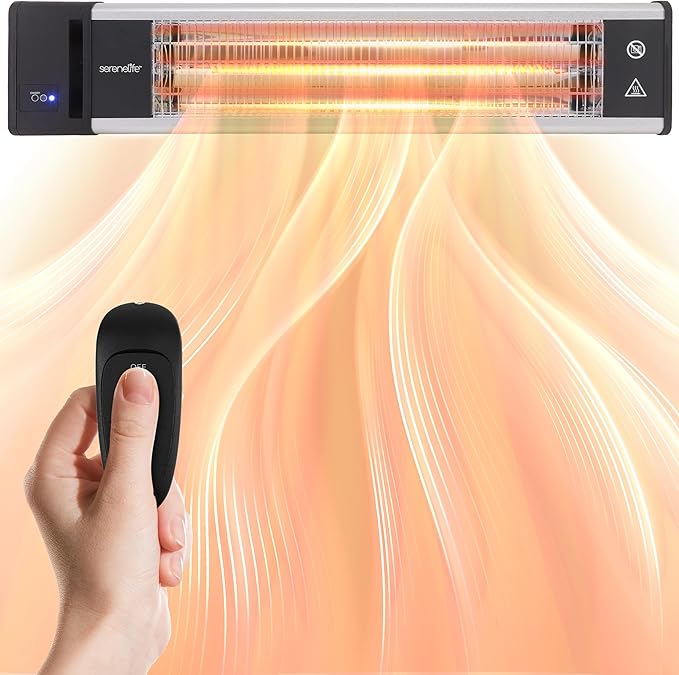SereneLife Infrared Patio Heater, Wall-Mounted Electric Heater with Remote, 1500W, IP65 Approved, Odorless, Indoor/Outdoor for Patio, Restaurant, Backyard, Garage, Decks