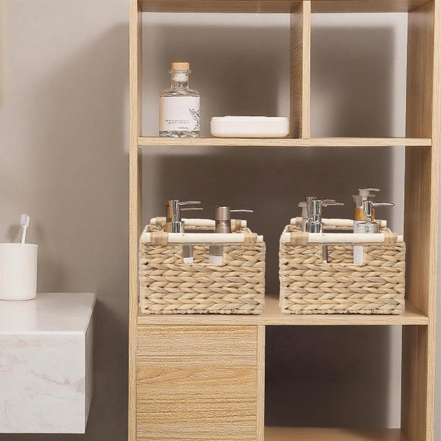 Handmade Water Hyacinth Woven Storage Baskets with Wooden Handles, Rectangle Rustic Organizer Set for Home Decor, Kitchen, Bedroom & Office (Medium)