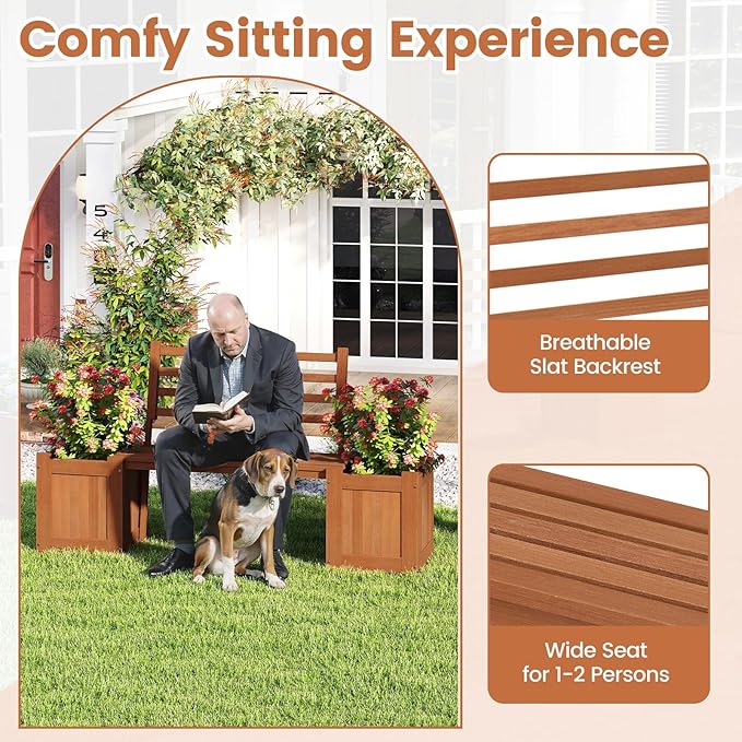 Giantex Set of 2 Outdoor Bench with Backrest, Wood Raised Garden Bed w/Open Base, Weather-Resistant Square Deep Planter Boxes for Flowers Fruit Vegetable, Bench Seat for Porch Yard Balcony Lawn