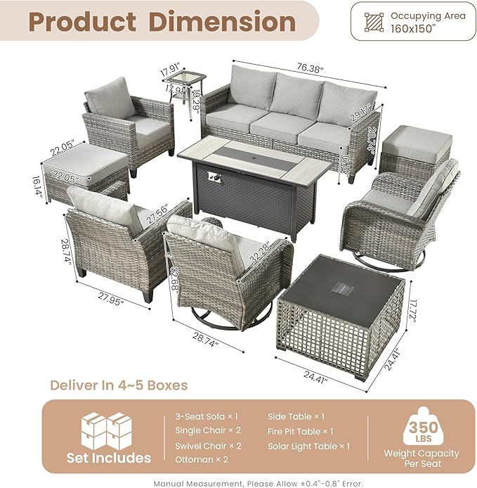 HOOOWOOO Outdoor Patio Furniture Set,10 Pieces Wicker Conversation Set,All Weather Couch Set with Fire Pit Solar Light Table Swivel Chairs Ottoman 9 Seaters for Out Door Yard(Charcoal Gray)