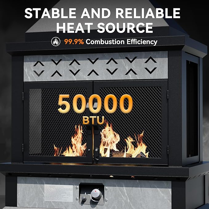35" Outdoor Propane Fireplace with Tank Storage, 50,000 BTU Outdoor Gas Fire Pit with CSA Certified, Dust Cover, Smokeless Ceramic Wood, Adjustable Flame for Patio, Garden, Deck, Grey