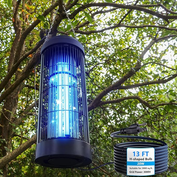Small Bug Zapper Indoor for 3000 Sq.Ft. with 13FT Power Cord, 3000V Instant Killing Grid Removable Hanging High Power Outdoor Mosquito Killer, Fly Trap Lamps for Front Porch Backyard Outdoor