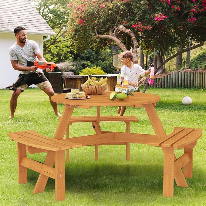 Giantex 6-Person Round Picnic Table Set with 3 Benches, 550 LBS Bench Capacity, 2" Umbrella Hole, Circular Outdoor Wood Dining Table & Chairs for Patio Yard Garden Porch Deck (68”x62”x28”,Yellow)