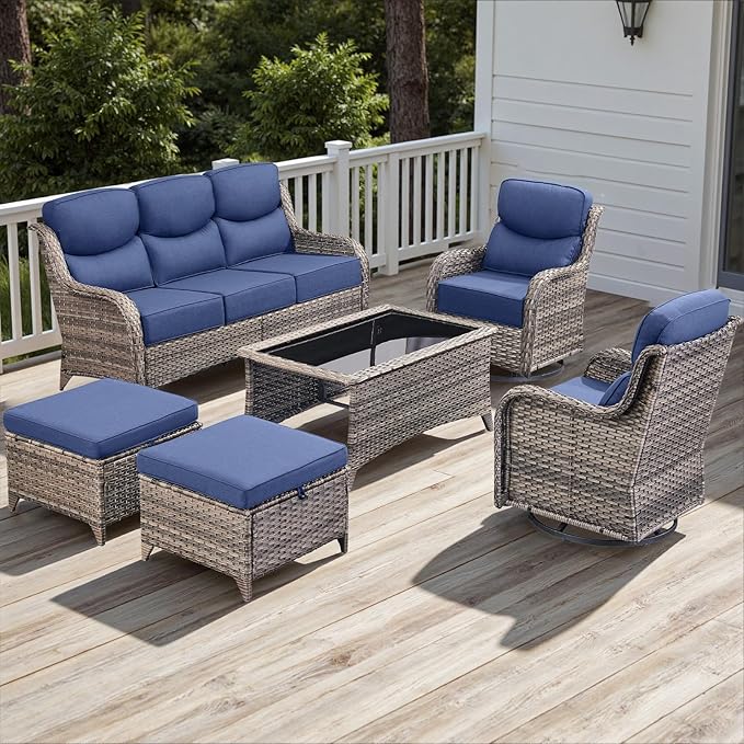 Wicker Outdoor Patio Furniture Set - 6 Piece Patio Conversation Sets with Swivel Rocker Chairs, Ottomans, Sofa and Coffee Table, 6 inch Cushions, Deep Seating, for Porch Deck Mixed Grey/Blue
