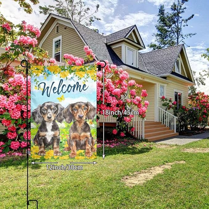 Puppy Lovers Spring Flowers Florals Cute Dachshund Dog Garden Flag Welcome Party Outdoor Outside Decorations Picks Home House Garden Yard Decor 12x18 Inch