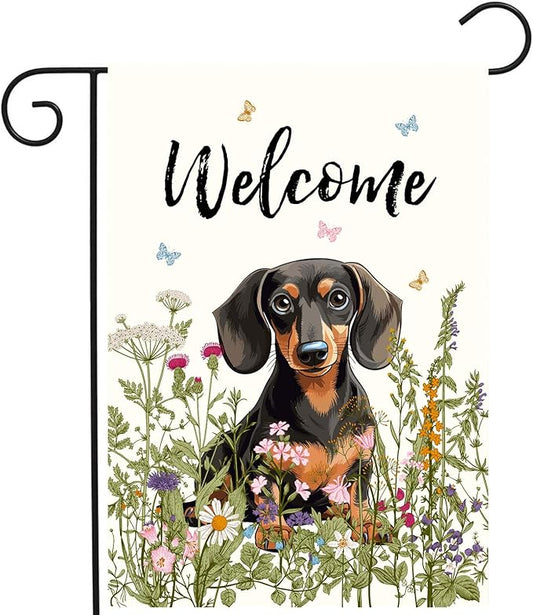 Floral Dachshund Garden Flag Spring Summer Yard Flag Flower Dog Garden Flags for Outside Small Outdoor Welcome Flags 12x18 Double Sided