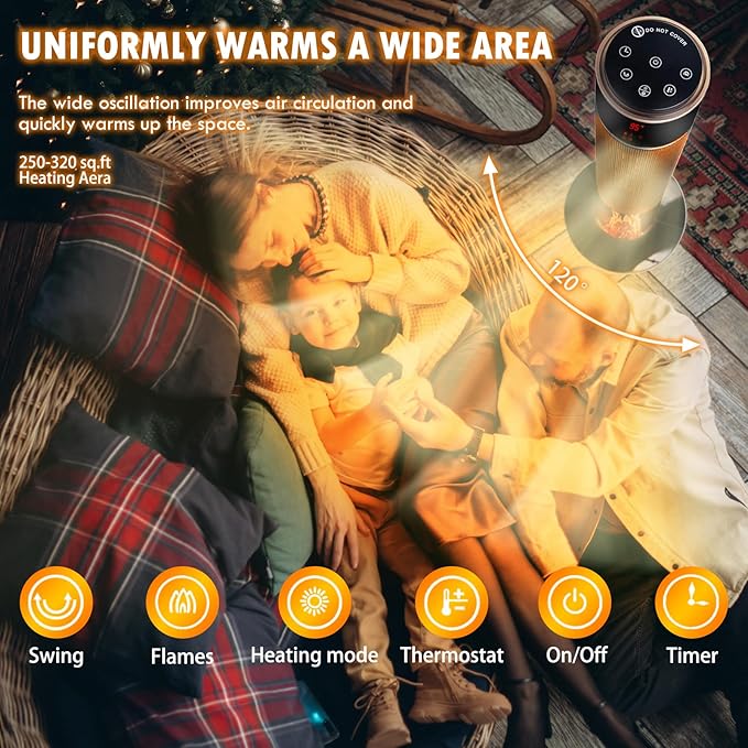 Portable Electric Space Heater for Large Room 37" Ceramic Tower Space Heater with 3D Flame for Room Heating,Oscillating,Remote Control,Tipover &overheating protection for Indoor Use(Black-I)