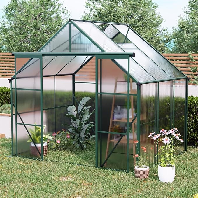 KEIKI 8x6 FT Double Door Polycarbonate Greenhouse with Aluminum Frame,Raised Base and Roof Vent,Walk-in Greenhouses for Patio Garden Backyard