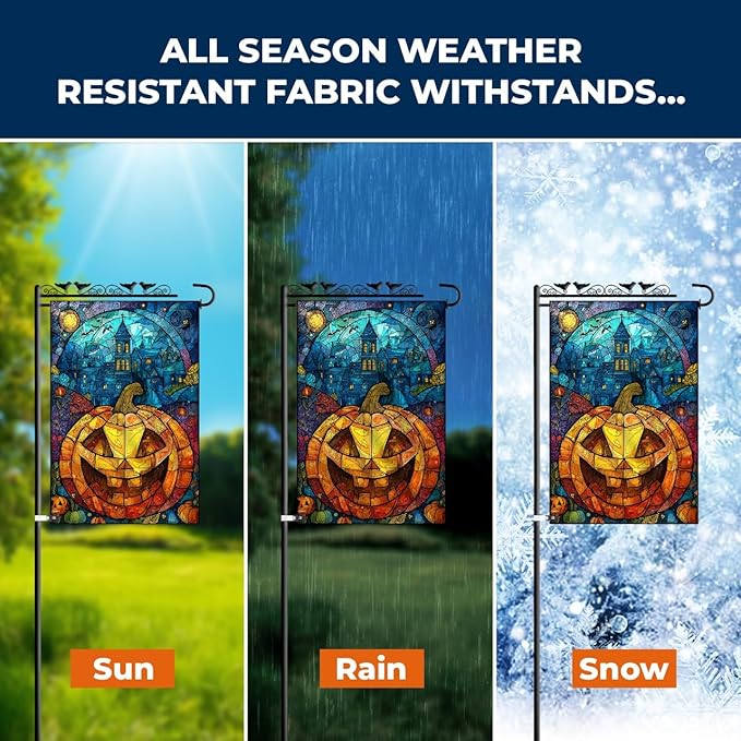 Halloween Garden Flag 12x18 – Double Sided Burlap Flag with Pumpkin & Stained Glass Design –Fall Outdoor Yard Decor for Halloween
