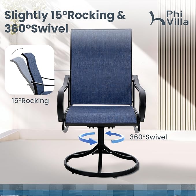 PHI VILLA 7 Piece Outdoor Patio Dining Set, Large Metal Table (1.57'' Umbrella Hole) and 6 Swivel Dining Chairs with Textilene Mesh Fabric, All Weather Patio Furniture Set for Deck Lawn Garden (Blue)