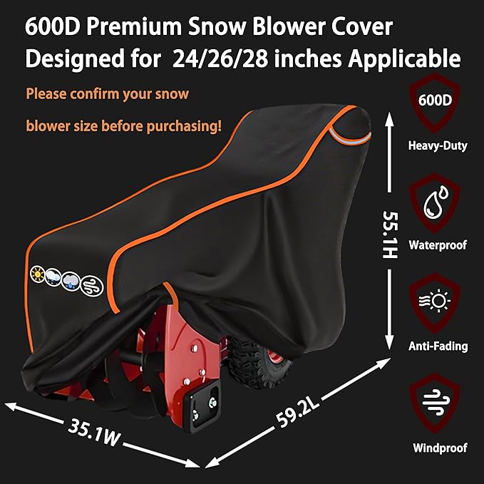 Snow Blower Cover 24/26/28 in Heavy Duty 600D Waterproof Snowblower Cover,Outdoor Snow Thrower Protector,Universal for EGO,PowerSmart,Cub Cadet,Honda,Ryobi,Ariens,Troy Bilt,Snow Joe,Toro