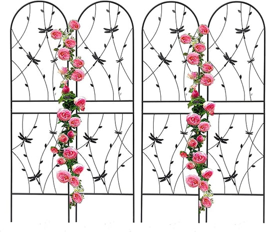 4 Pack Metal Garden Trellis 86.7" Tall Outdoor Climbing Plant Support for Roses, Flowers, Rustproof Durable Black Galvanized Tube, Lawn Garden Fence Decor Screen (4, Black dragonflies-86.7" H)