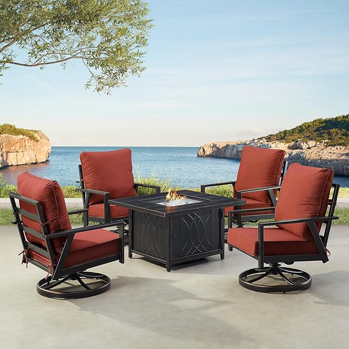Oakland Living Black Aluminum Patio Fire Table Set with Four Club Chairs with Red Cushions