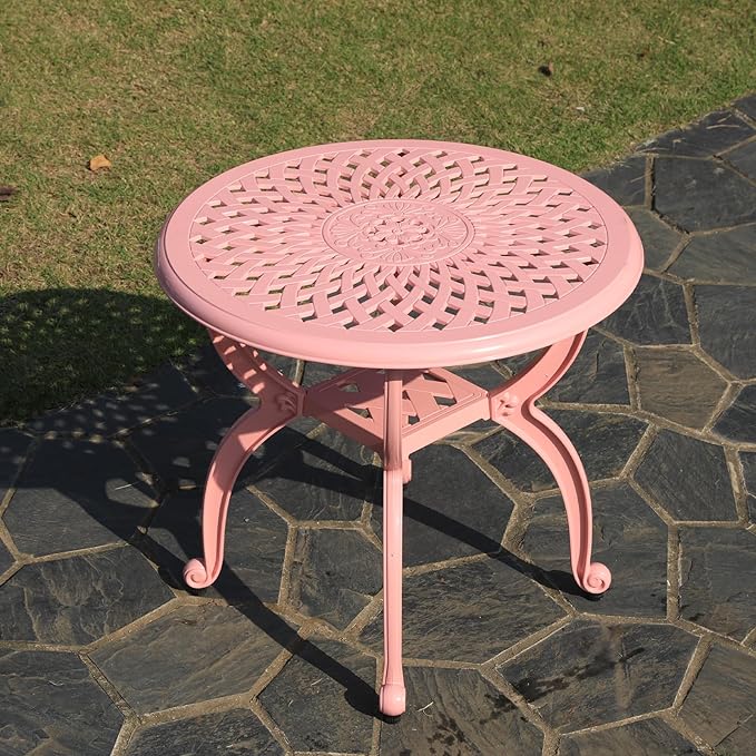 Cast Aluminum Outdoor Side Table,Small Patio Table,Outdoor Coffee Tables for Patio,Garden,Balcony, for All Weather(Pink, Round)
