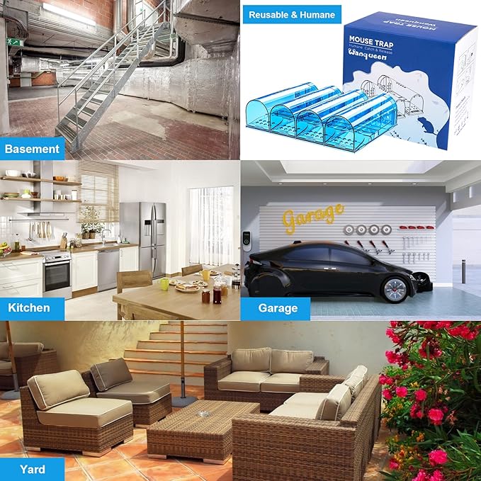 4 Pack Humane Mouse Traps No Kill, Catch and Release Live Mouse Trap Indoor for Home, Reusable Mice Trap Cage with Cleaning Brush(Blue)