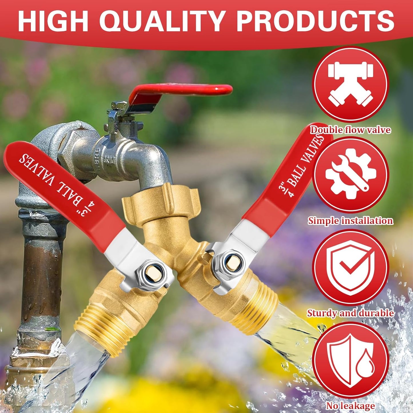 Garden Hose Splitter 2 Way, Brass Water Hose Splitter with Stainless Steel Long Handle, 3/4" GHT Thread Garden Hose Y Splitter, Full Flow Hose Splitter 2 Way Heavy Duty