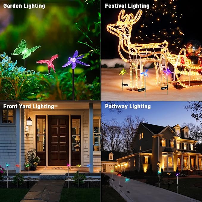 Solar Pathway Lights - 3 Pack Solar Stake Lights Outdoor, Color Changing Solar Powered Halloween Decorative Landscape Lighting Hummingbird Butterfly Dragonfly for Patio Yard Pathway Lawn Walkway