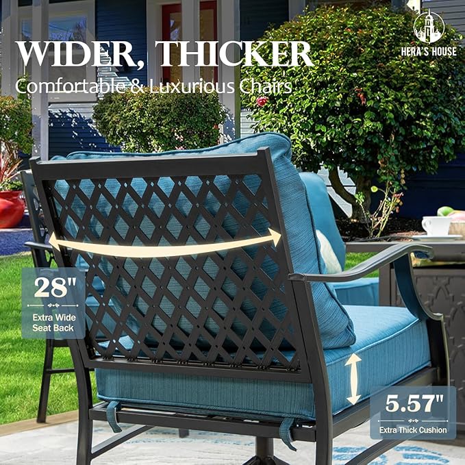 HERA'S HOUSE 5 Piece Patio Furniture Set, 2 x Leg Chair, 2 x Ottoman, 1 x 3-Seat Sofa, All Cushioned 7 Seats Metal Outdoor Conversation Set for Lawn Garden Backyard