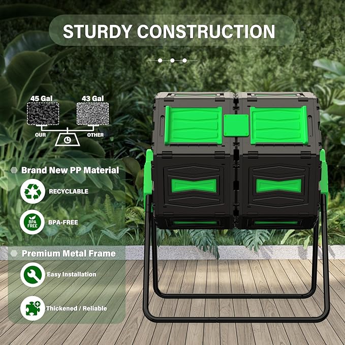 Compost Tumbler, 45 Gallon / 170L Dual Chamber Compost Bin Outdoor, 360° Rotating Composter Tumbler, BPA-Free Fast-Working All-Season Heavy-Duty Large Capacity Compost Bin Kitchen Garden Yard Waste