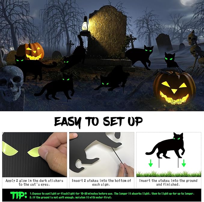 6 PCS Halloween Black Cat Yard Signs with Glow in Dark Eyes, Scary Silhouette Lawn Sign with Stakes, Halloween Decorations for Outdoor Yard Lawn Garden