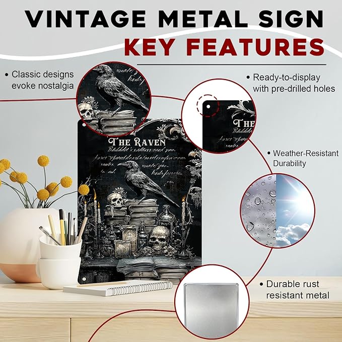 ARTWALLURE Gothic Crow Vintage Metal Sign Raven Wall Decor Skull Metal Poster Witchy Art Plaque Gothic Raven Decoration for Man Cave Funny Garage Bar Shed 12x16inch