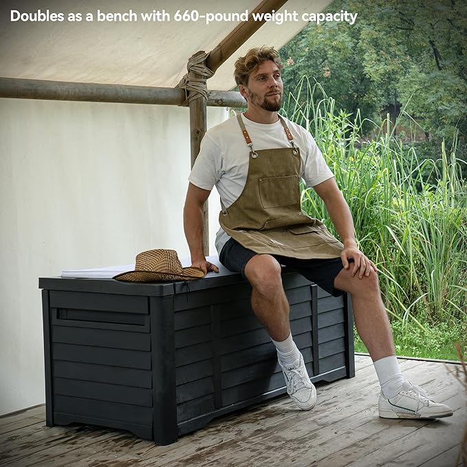 DWVO Outdoor Storage Deck Box, 120 Gallon Capacity, Waterproof Storage Bench, Lockable Lid, Resilient Resin Construction, Black