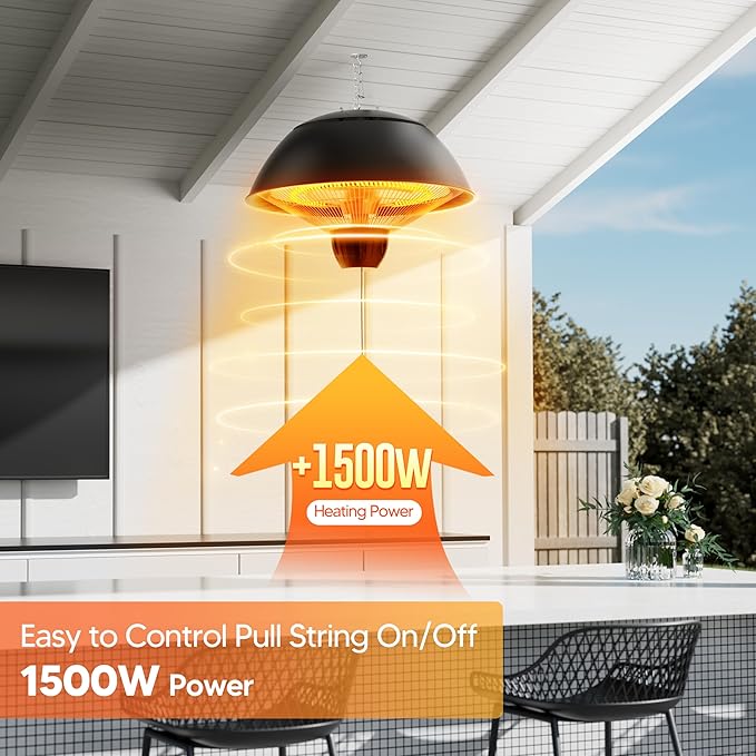 Electric Outdoor Heater, 1500W Hanging Ceiling Mounted Infrared Patio Heater for Outdoor Use, Waterproof Electric Heater for Porch, Balcony, Garage, Adjustable Height, Black