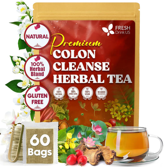 FreshDrinkUS, Premium Colon Cleanse Tea – 60 Tea Bags – Rhubarb Root & Hawthorn Berry with Senna, Lotus Leaf, Valerian Root & Psyllium Husk – Herbal Blend, Caffeine-Free. Vegan