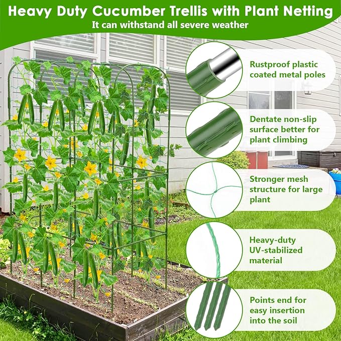 Cucumber Trellis for Climbing Plants with Grow Bag, 61" Tall Metal U-Frame Garden Trellis for Raised Bed with Garden Netting and Plant Clip Plant Ties for Vegetables, Squash, Pea, Grape