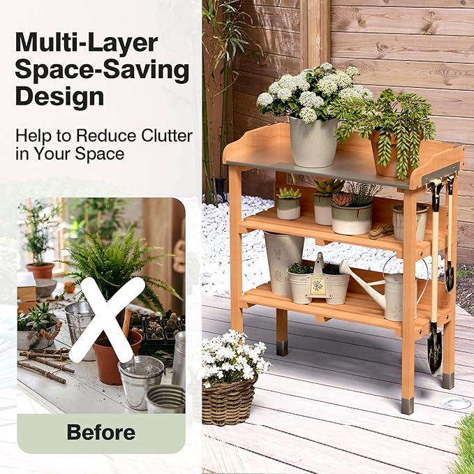 Giantex Garden Potting Bench, Outdoor Wood Workstation Table with Galvanized Steel Tabletop, 5 Hooks, 2-Tier Storage Shelves, Outside Work Station Potting Table with Raised Edge, Easy Assembly