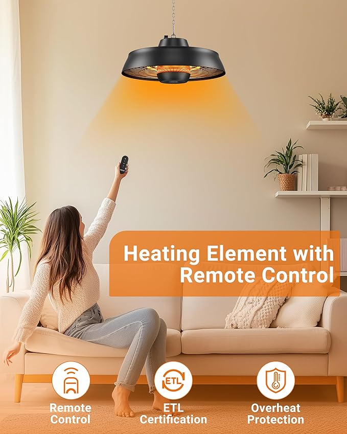 Pasapair Patio Heater - 1500W Outdoor Hanging Heater 3S Fast Heating with Remote - Adjustable Height Waterproof Infrared Mounted for Gazebo Garage - ETL Certified